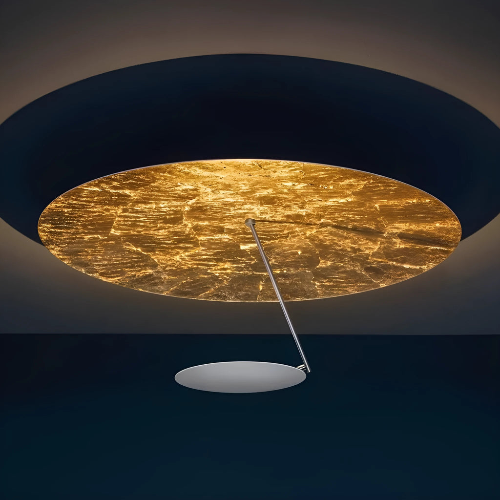 Iron ceiling lamp with 50cm diameter and LED warm light in white or white gold finish.