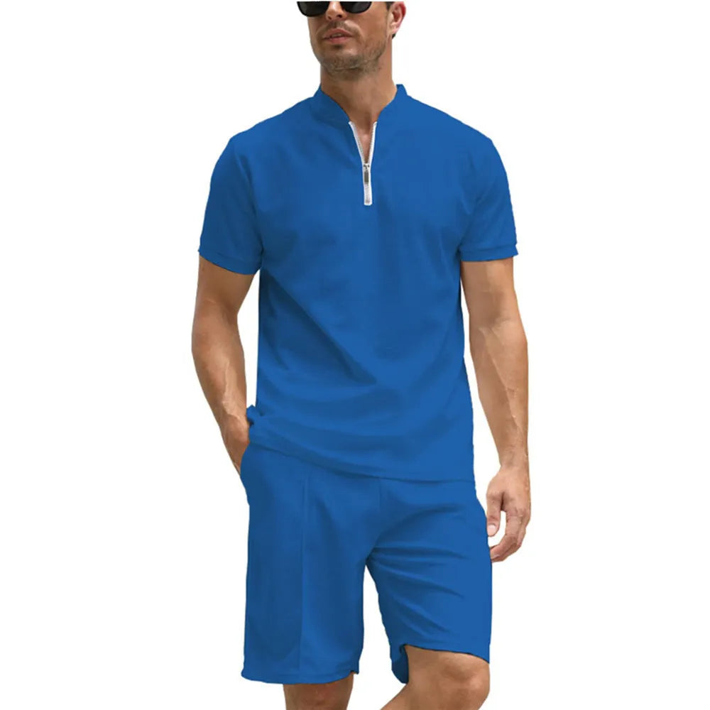 Men's solid colour polo shirt and trousers two-piece suit set on a hanger