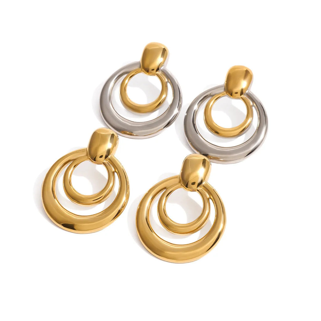 Golden round double layer hollow stud earrings with geometric design and hypoallergenic titanium steel construction