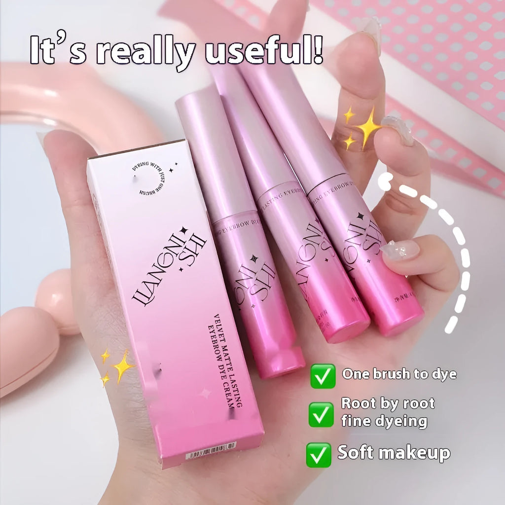 Long-lasting velvet fog eyebrow cream in four natural shades including milk coffee and latte tones.