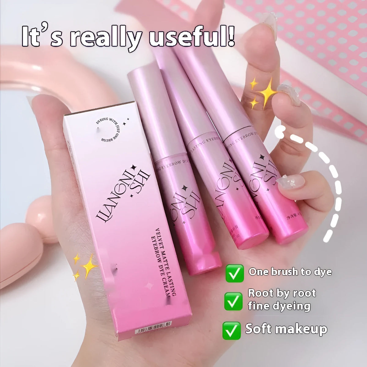 Long-lasting velvet fog eyebrow cream in four natural shades including milk coffee and latte tones.