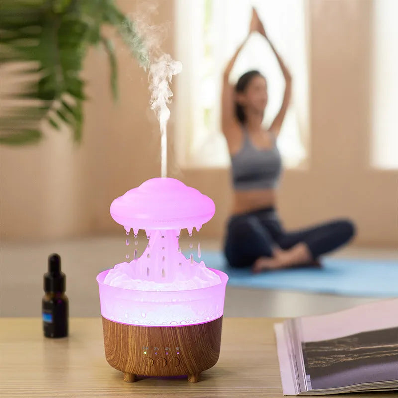 Wood grain white rain cloud shaped humidifier and essential oil diffuser with multi-colour LED night light.