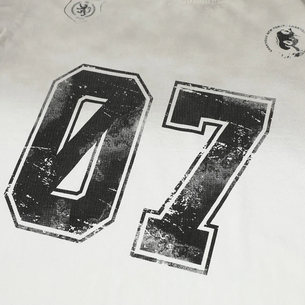 Men's black and white printed short-sleeved cotton t-shirt showing front graphic design