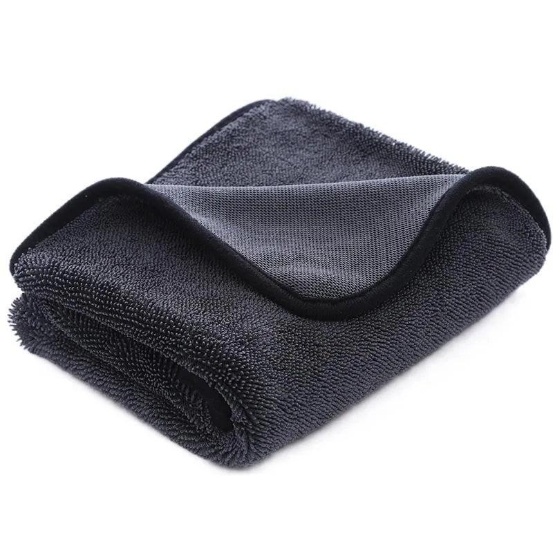 Small braid twisted grey car cleaning towel with red edge option, shown in multiple sizes for glass washing.
