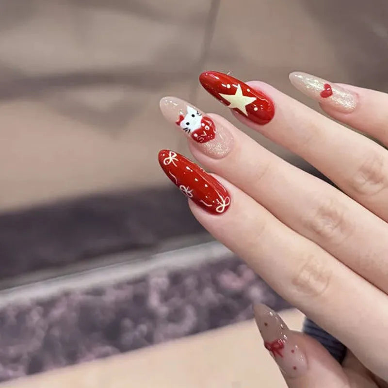 Glossy false nails with transparent pink French tip design showing 10 complete sets
