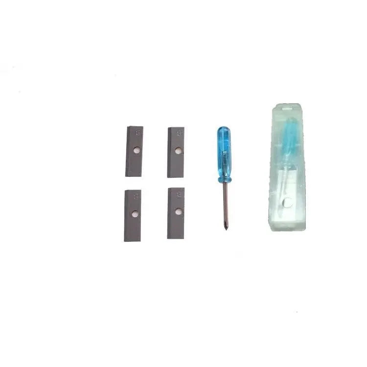 A geometric plastic pencil sharpener with four holes, shown with its integrated screwdriver tool.