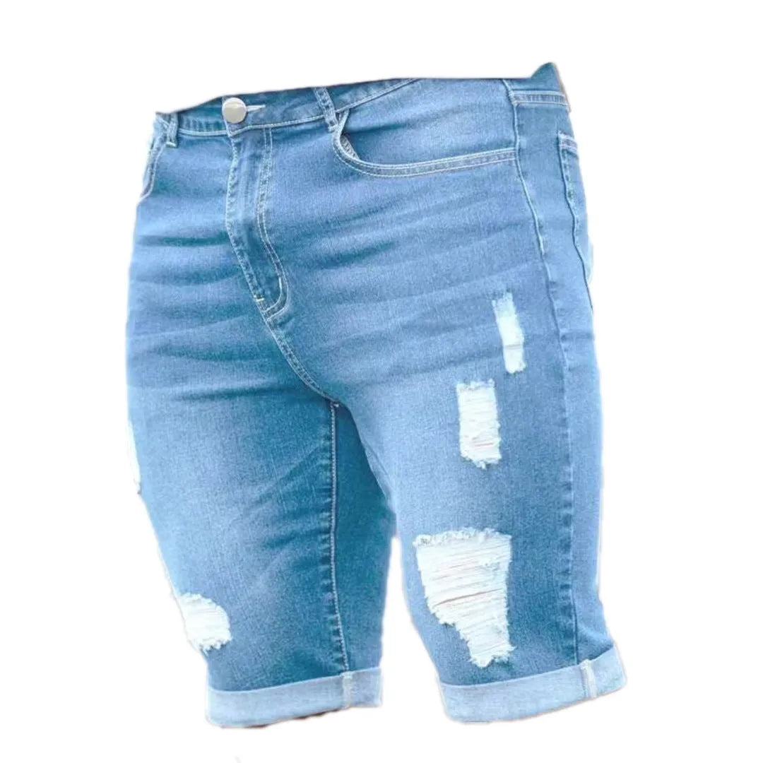 Men's sky blue denim shorts with multi-hole distressed design, low waist straight cut silhouette