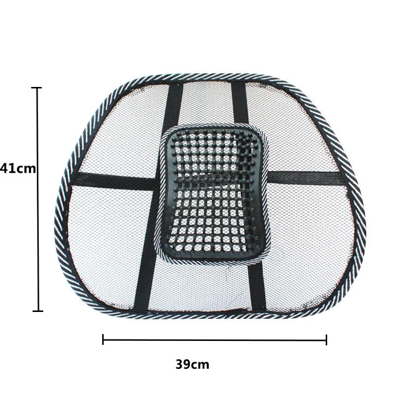 Black leather car lumbar support pillow showing steel frame structure and 41x39 cm dimensions