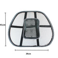 Black leather car lumbar support pillow showing steel frame structure and 41x39 cm dimensions