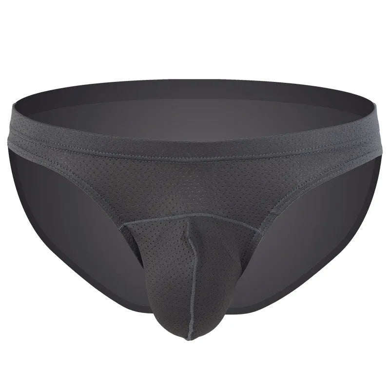 Men's transparent loose nylon underwear shown in blue colour on a size chart