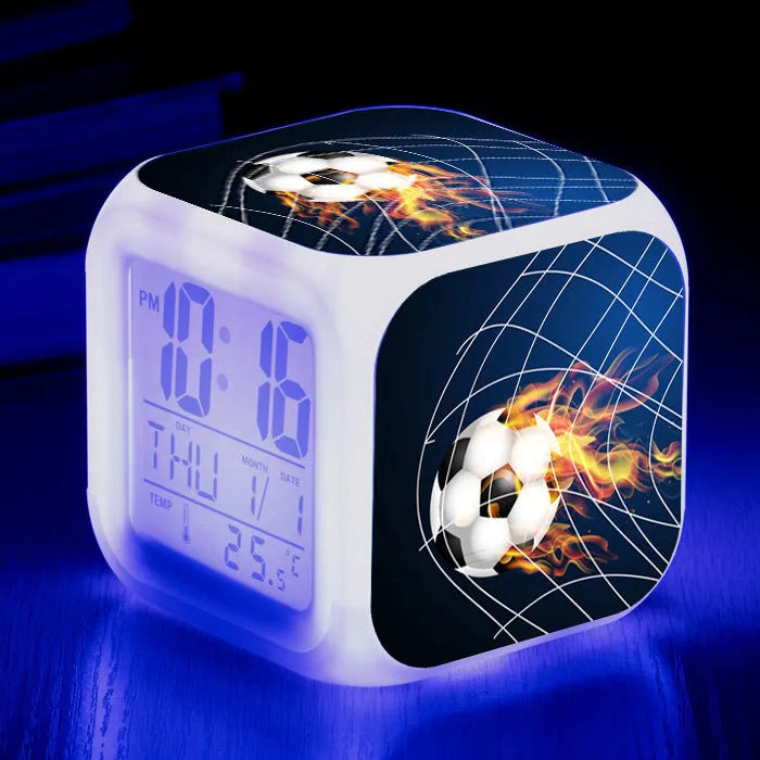 Square football pattern children's alarm clock with cartoon design and mute functionality