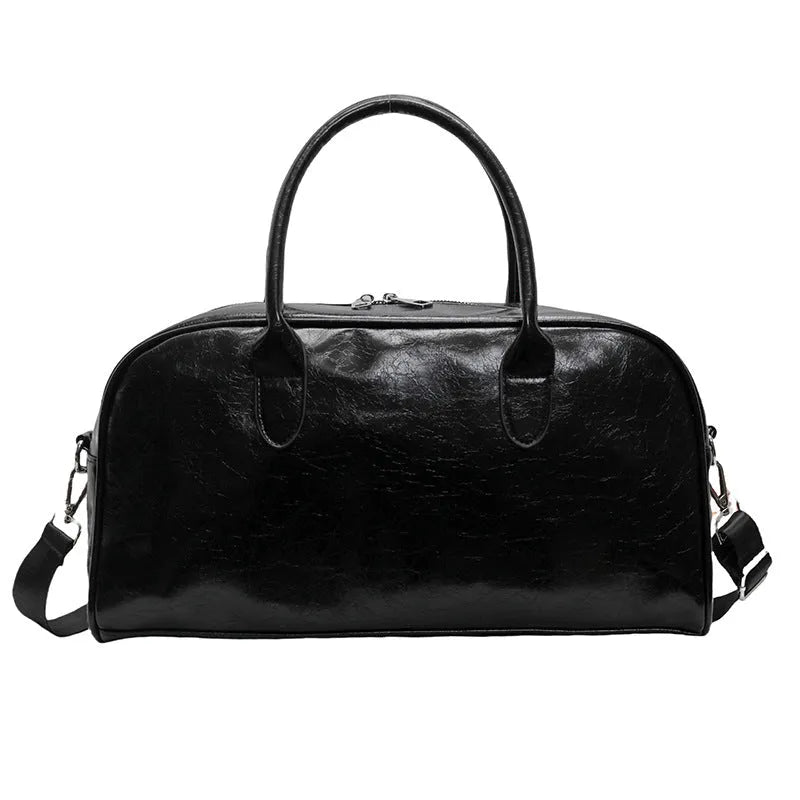 Women's lightweight PU leather travel bag with 20-35L capacity, dry wet separation, and wine red, black, or beige colour options