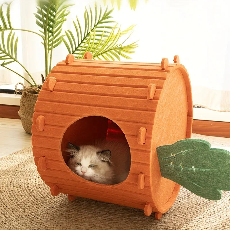 Brown carrot-shaped felt cat tunnel bed showing semi-enclosed design for feline sleeping