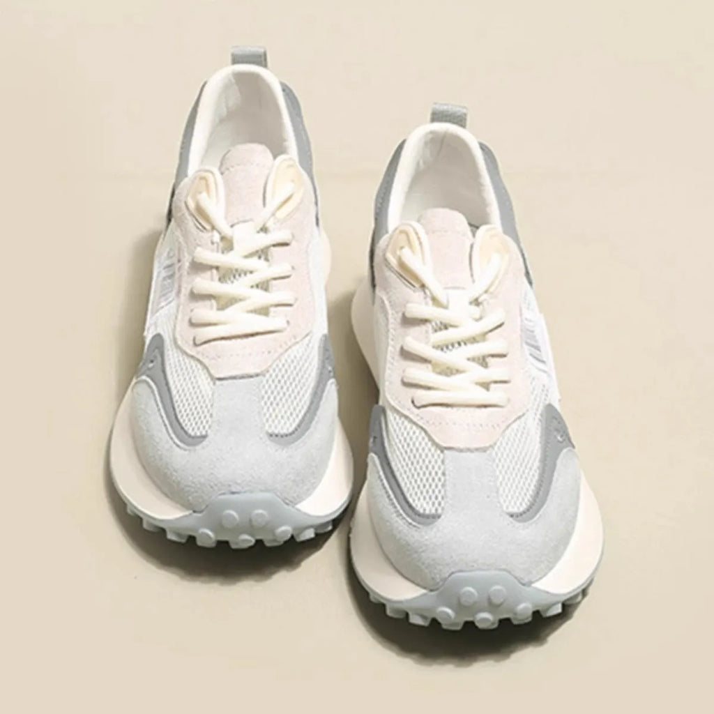 Women's grey and pink low-top retro sneakers with round toe and flat heel design