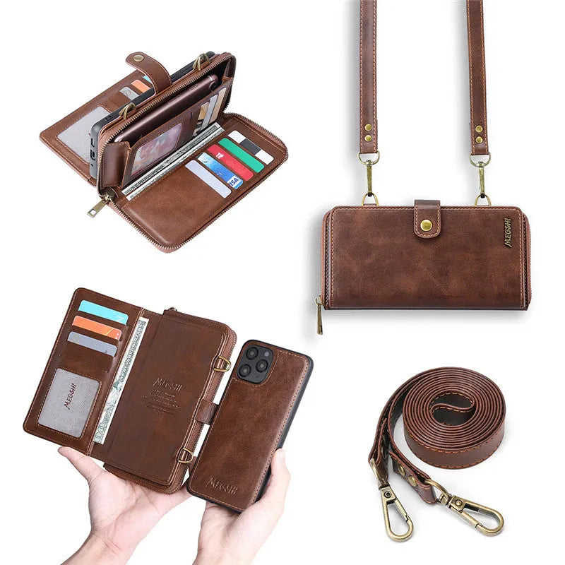 Leather flip phone case with detachable wallet backpack in black, blue, brown, or red colour