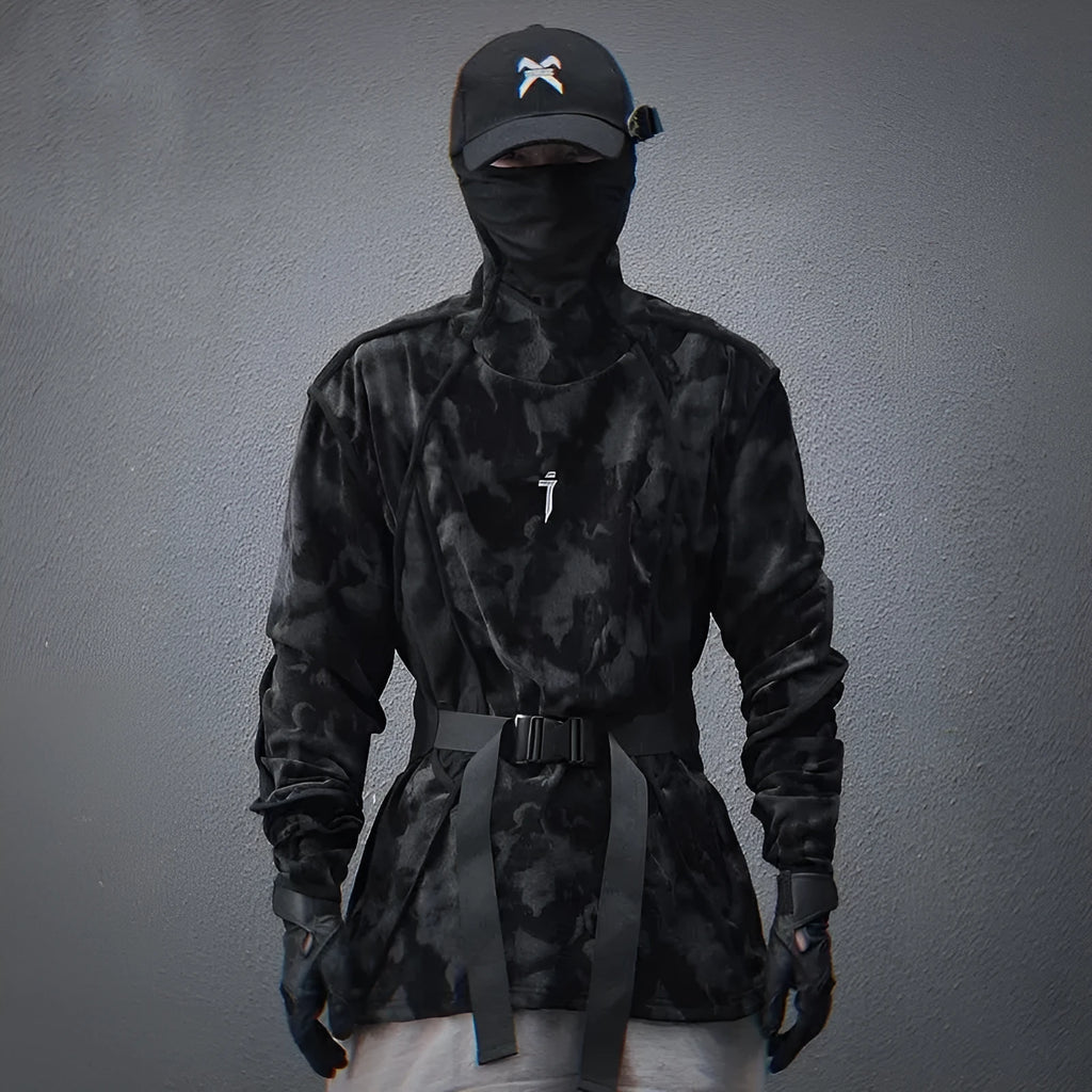 Men's tie dye printed turtleneck sweater with drop-shoulder sleeves in black colour