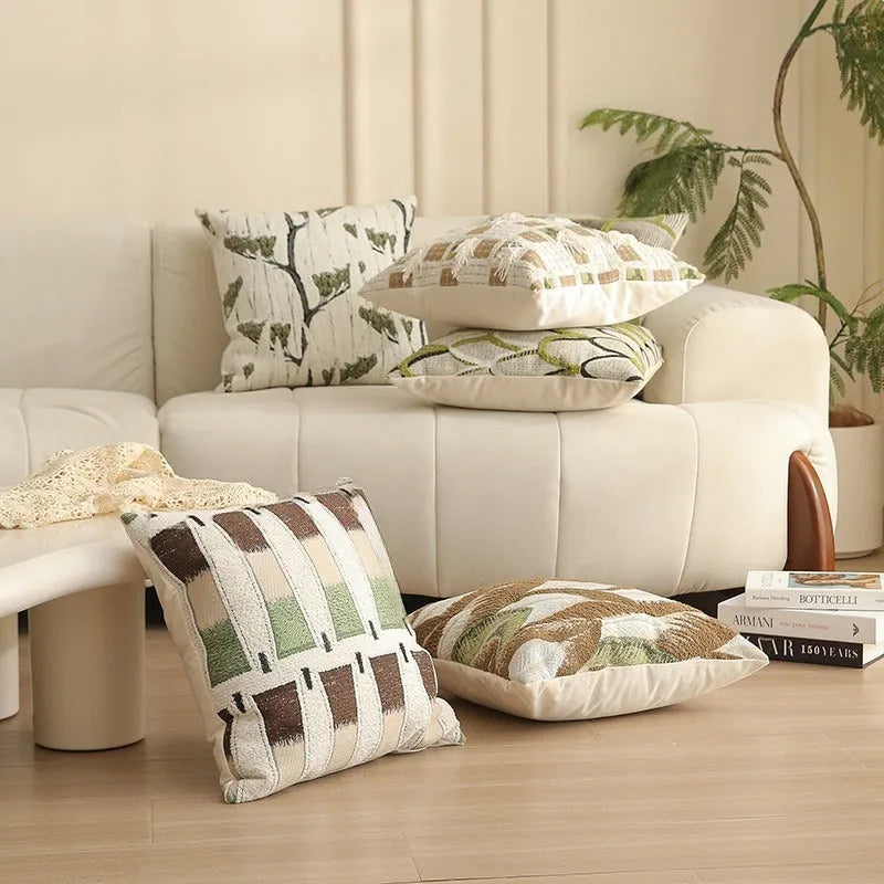 Square Jacquard floral pillow cushion cover in a retro colour, 45cm by 45cm, on a sofa.