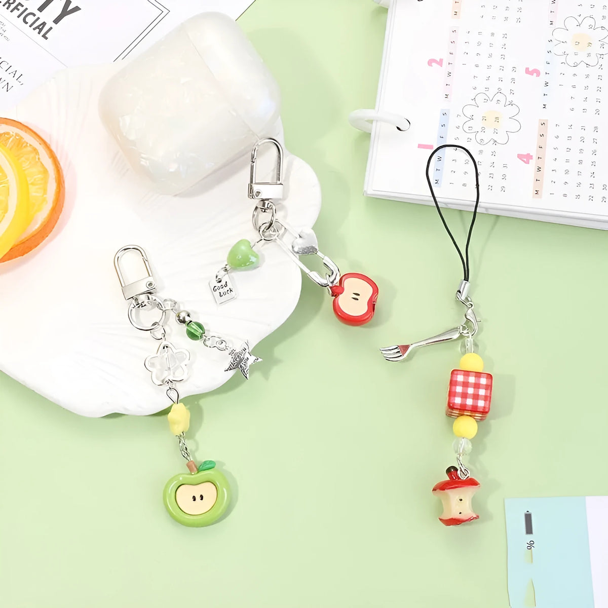 Plastic resin fruit personality mobile phone keychain with apple or strawberry designs