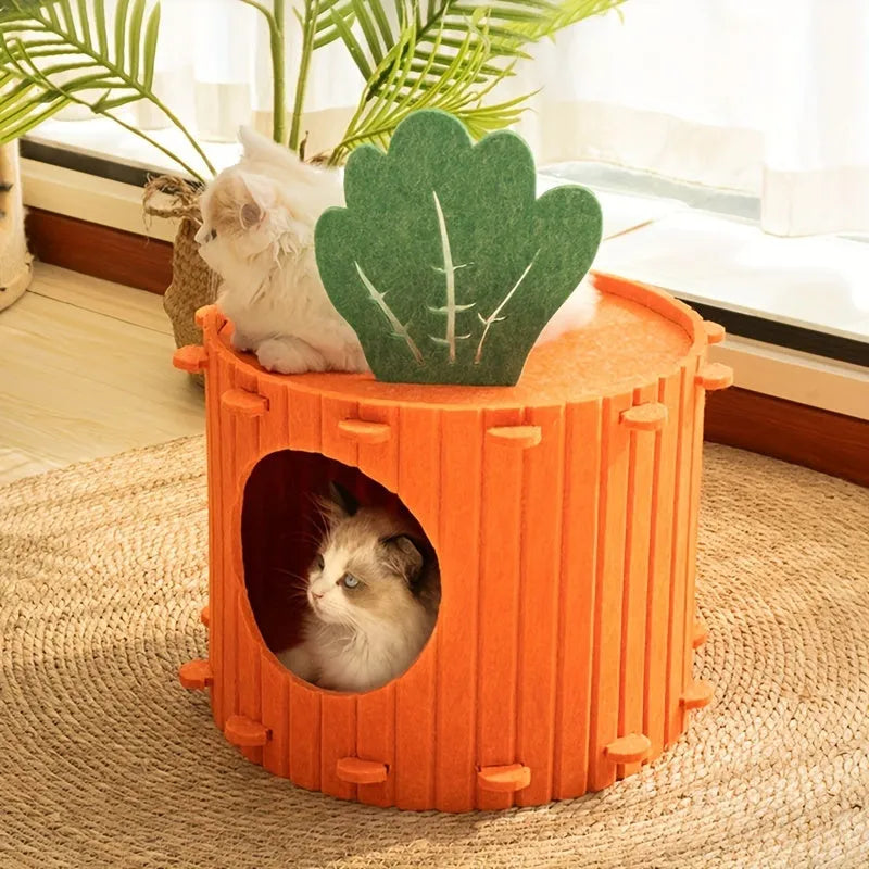 Brown carrot-shaped felt cat tunnel bed showing semi-enclosed design for feline sleeping