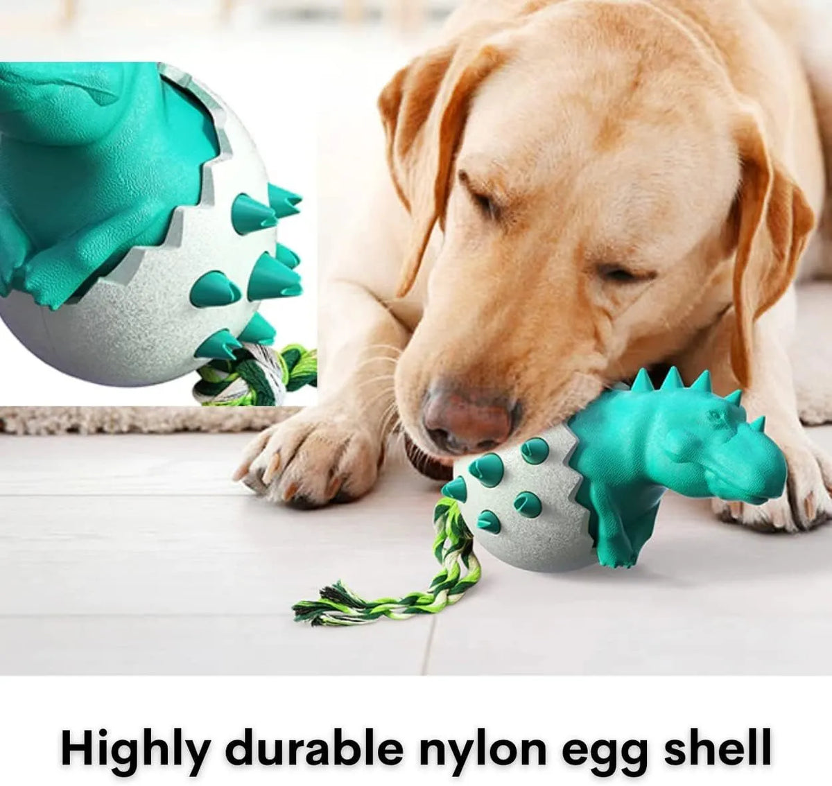 Blue dinosaur-shaped dog chew toy with integrated nylon rope on a wooden floor.