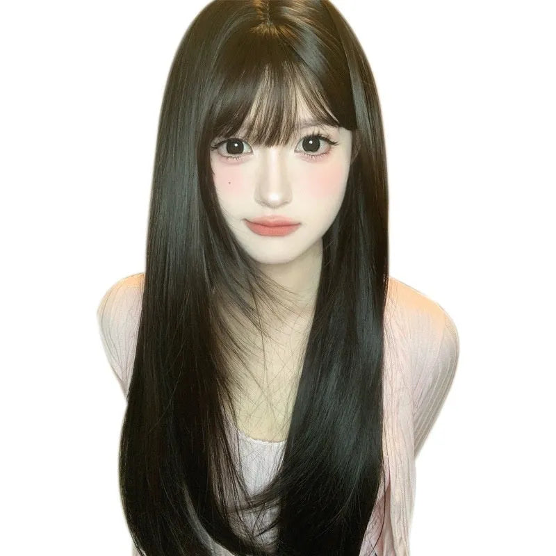Dark brown women's wig with long straight hair and fringe, made from heat-resistant synthetic fibre