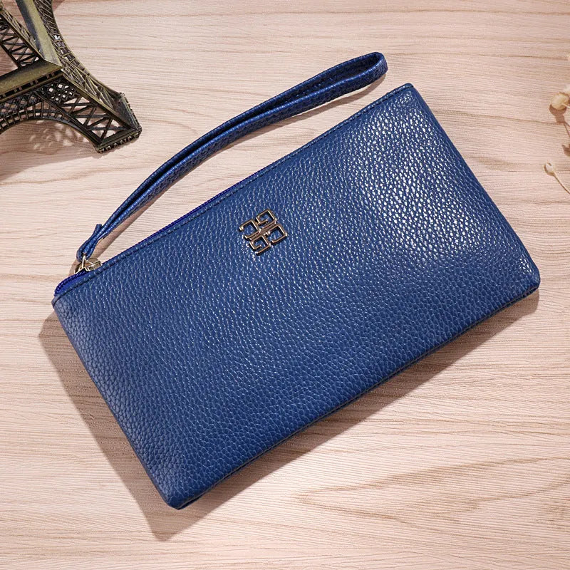 Long 55-inch PU leather phone wallet handbag with zip closure in a solid colour