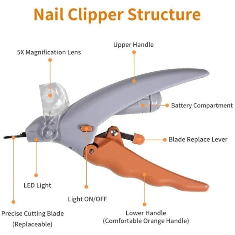 Yellow pet nail clipper with built-in LED light and magnifying glass on a white background.