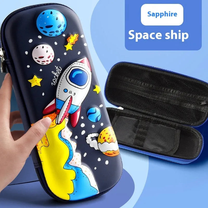3D leather stationery box pencil case showing detailed spaceship design in black leather.