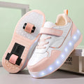 Children's charging roller skates with LED wheels in pink, purple, black or white colours
