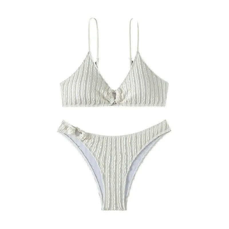 White women's V-neck swimsuit with split style and sleeveless design for swimming activities