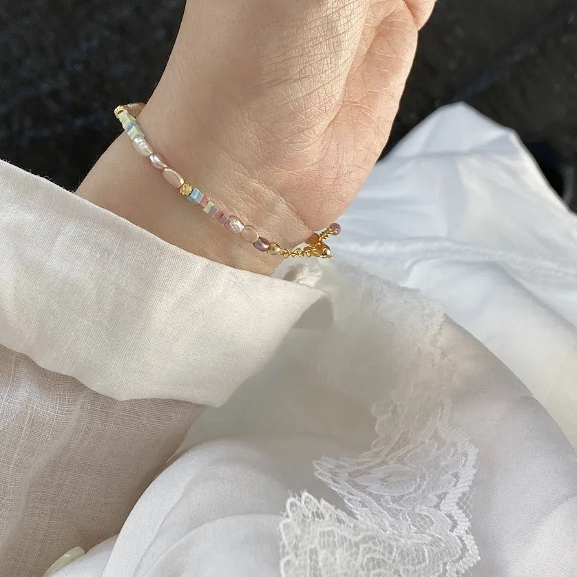 Women's natural pearl bracelet and necklace set with 14K gold gilded purple silver accents in U-shaped design