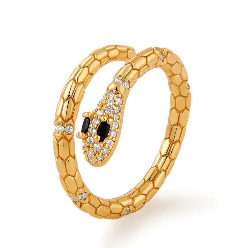 Adjustable copper snake ring with 18K gold colour plating and open mouth design