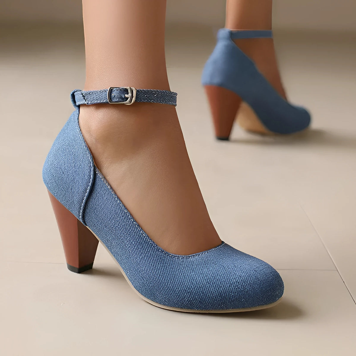 Women's blue denim platform high heel shoes with buckle fastening and round toe