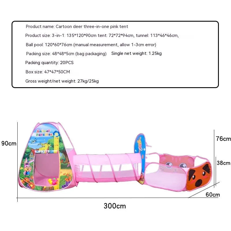 Three-in-one children's play tent centre with ball pool and tunnel in marine cartoon theme