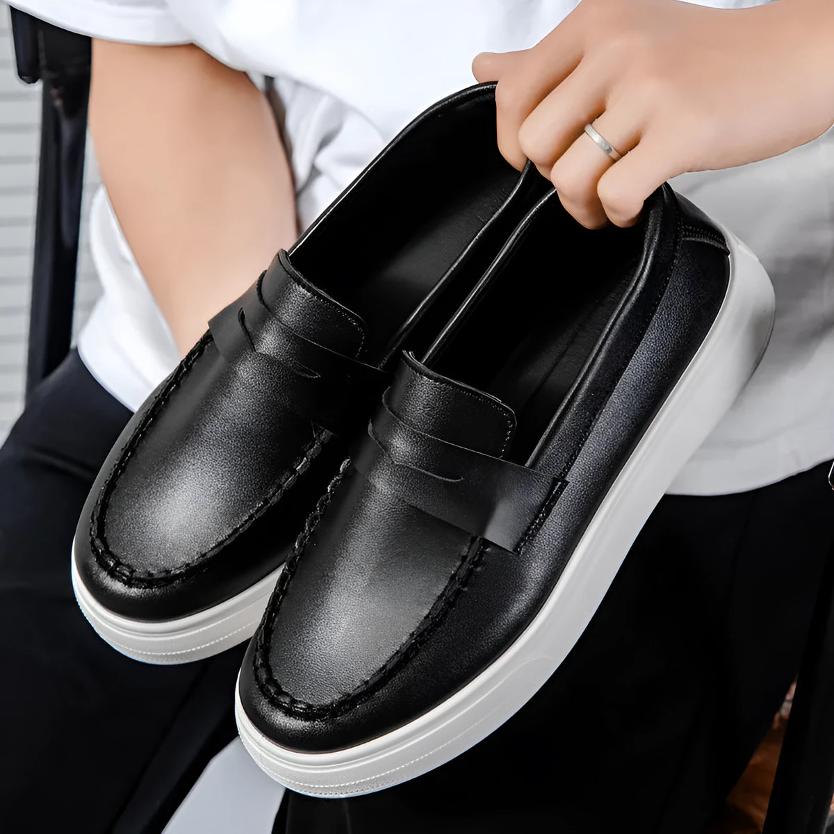 British style round toe casual shoes in PU leather, shown in white, black and white, and khaki colours.