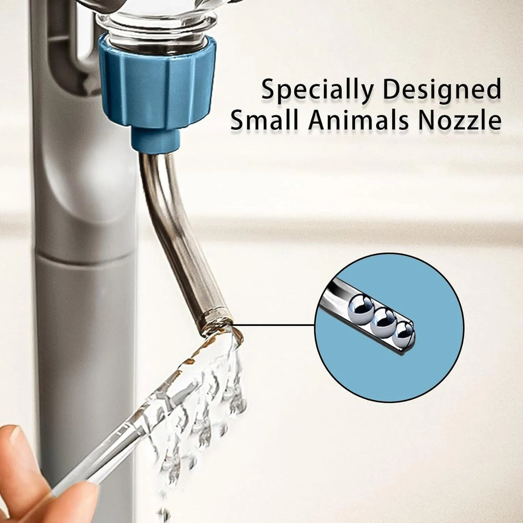 Blue small animal water bottle with rotatable nozzle attached to a wire cage bracket