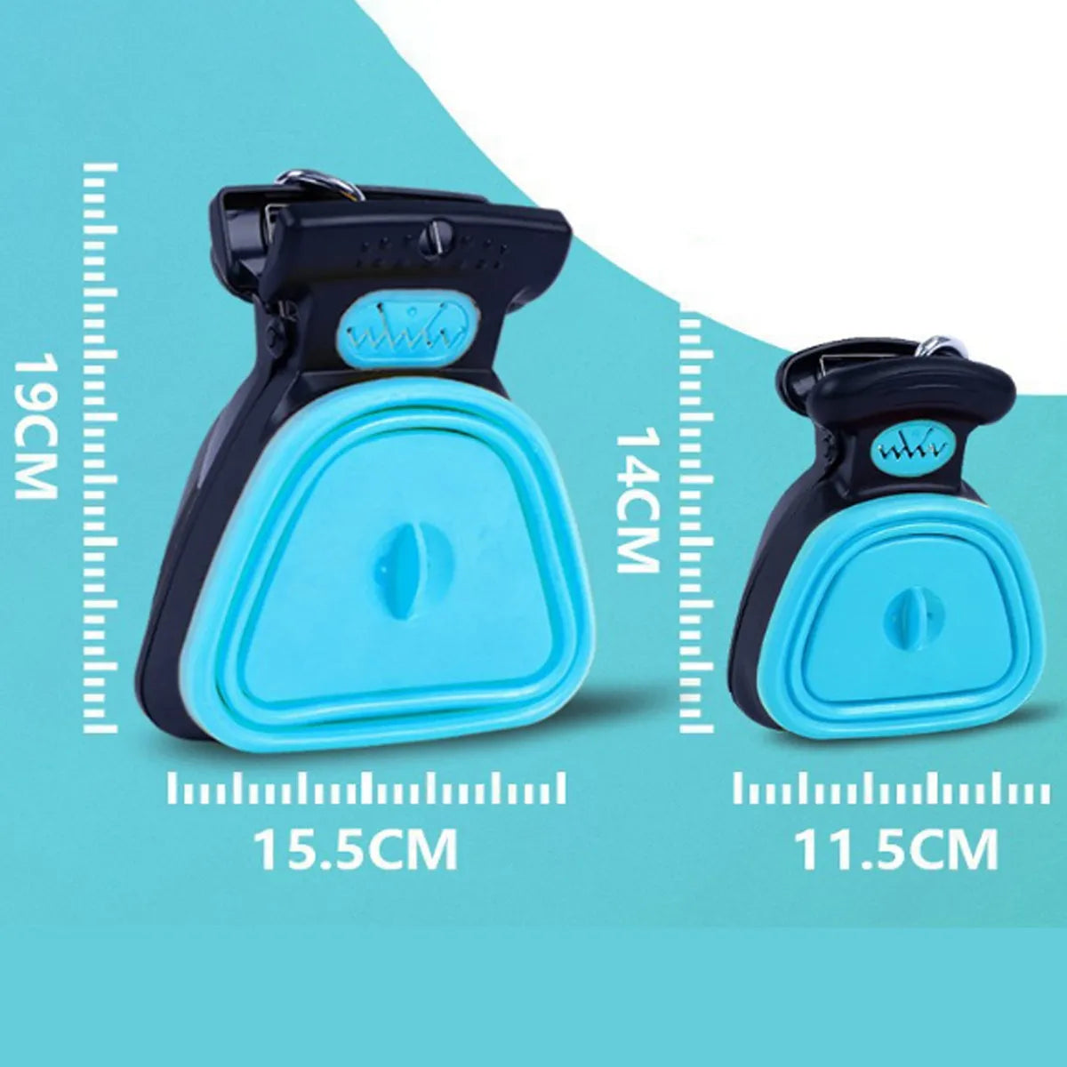 Blue handheld dog pooper scooper with clip, showing expanded waste container and integrated bag dispenser.