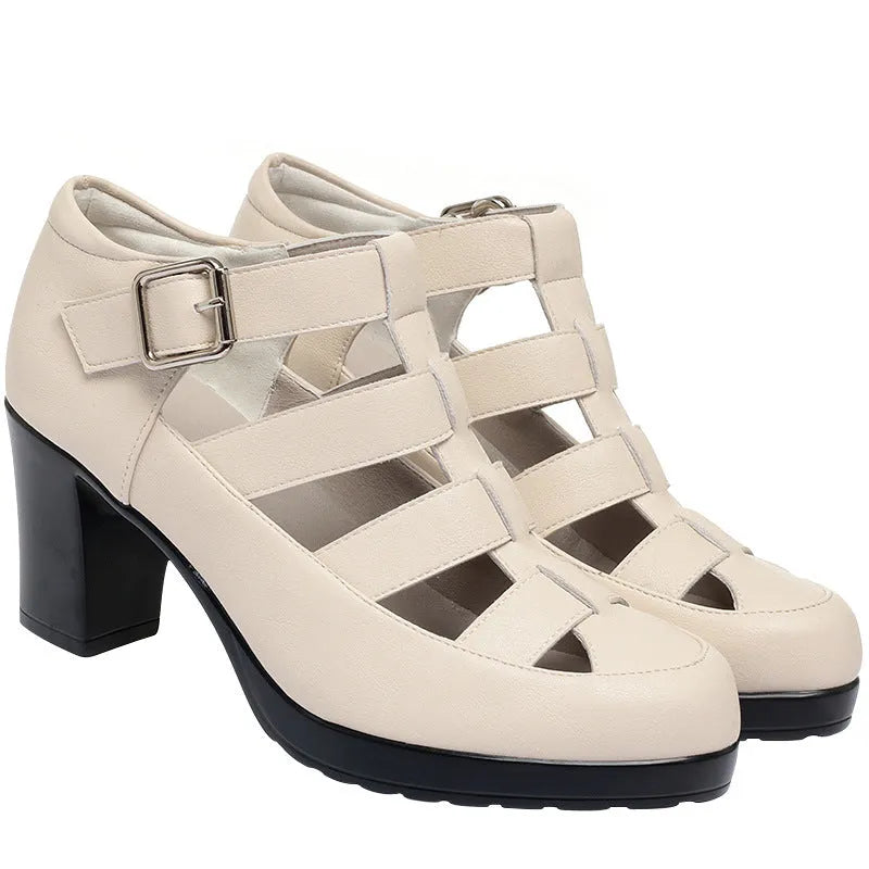 Women's beige closed toe sandals with chunky heel, woven pattern, and ankle-strap buckle