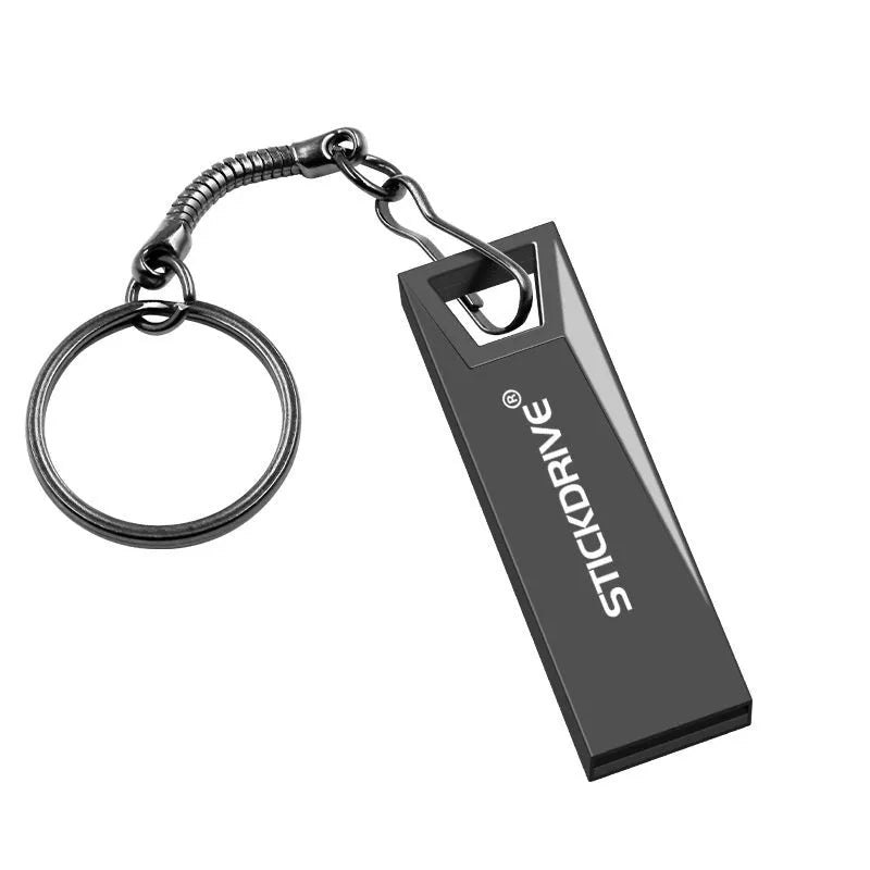 Metal car-shaped USB flash drive on a keychain in black and silver finishes.