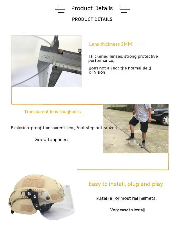 Transparent PC guide rail helmet mask with semi-rimless design measuring 30 by 15 cm