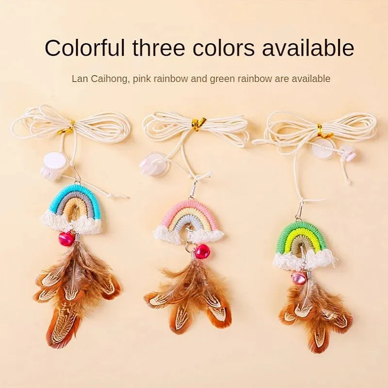 Blue feather cat rope toy hanging from door with elastic swing design and sticky buckle clamp