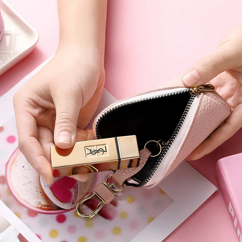 Minimalist black PU leather car key case with zipper closure on key ring