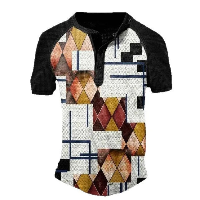 Men's short sleeve sport shirt with 3D printing design and lapel buttons in bird eye polyester fabric