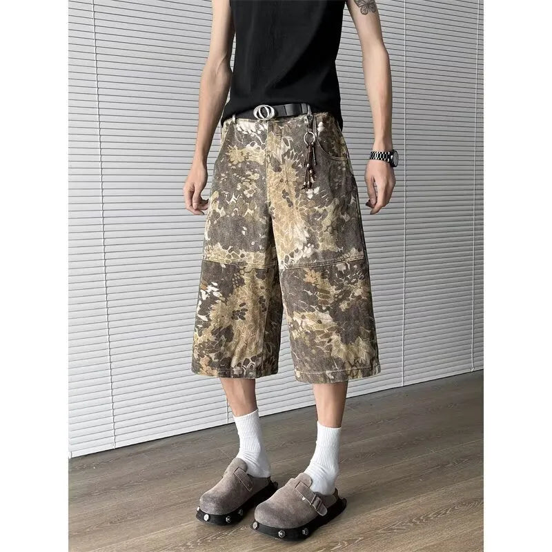 Yellow snake pattern camouflage cropped jeans in denim with cotton fabric