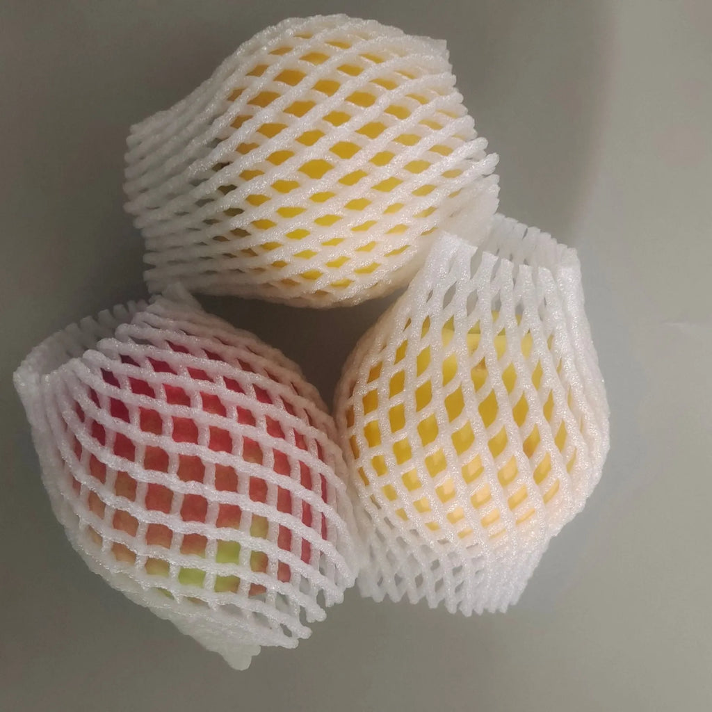 White foam net sleeve for protecting apples pears peaches and citrus fruit from bruising