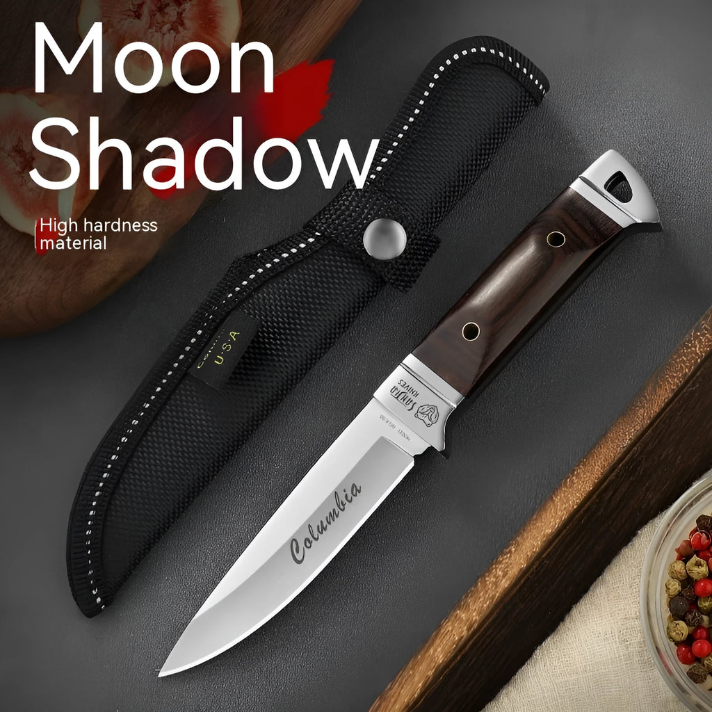 National style stainless steel camping knife with leather sheath case for outdoor use
