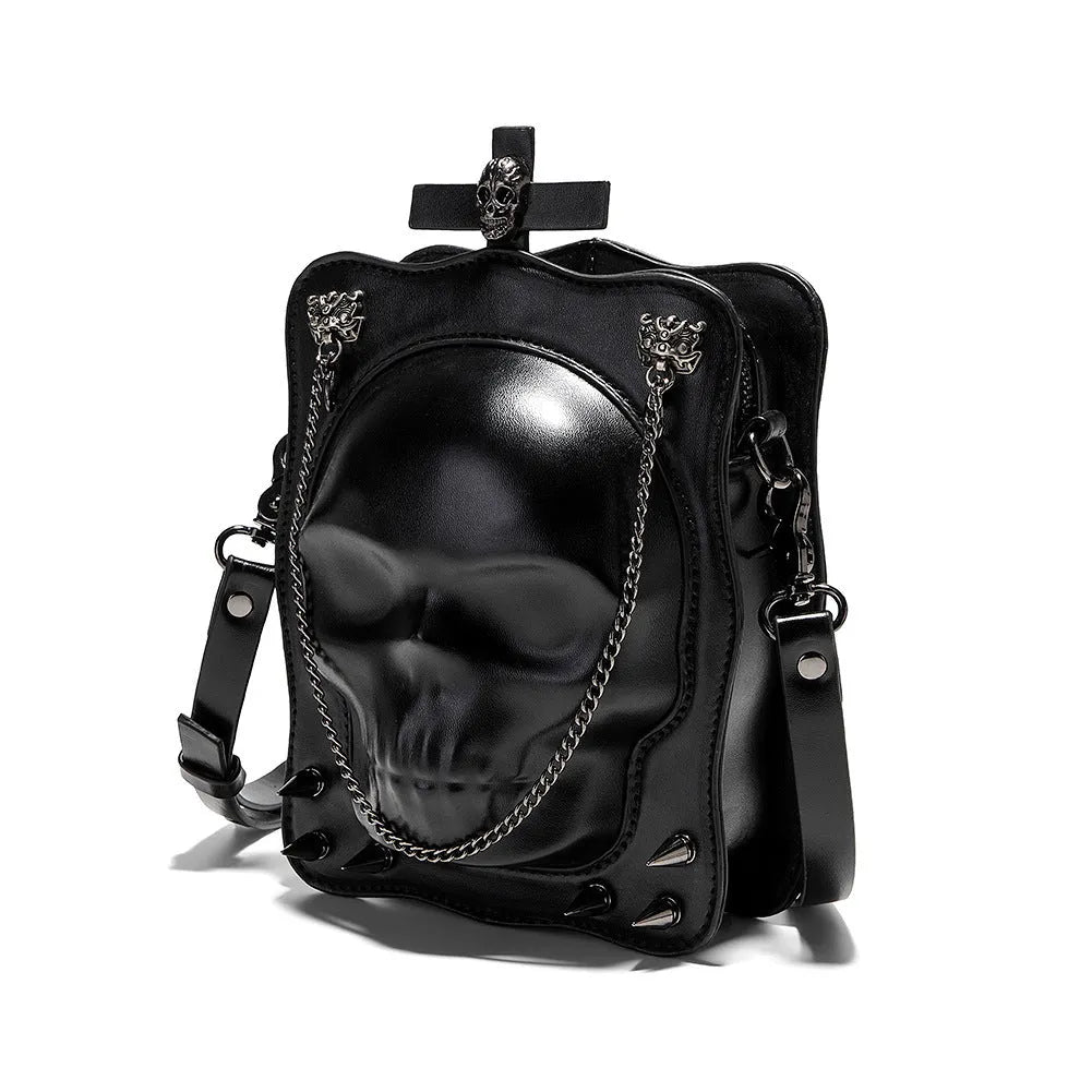Black mini square messenger bag with gothic stitching, rivets, and skull design