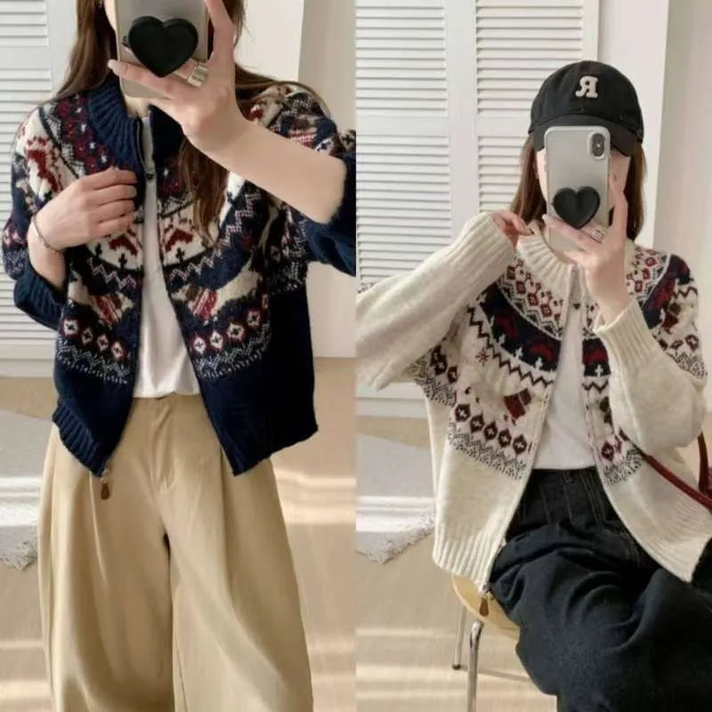 Apricot ethnic jacquard pullover sweater with 3D pattern, showing loose fit and long sleeves.