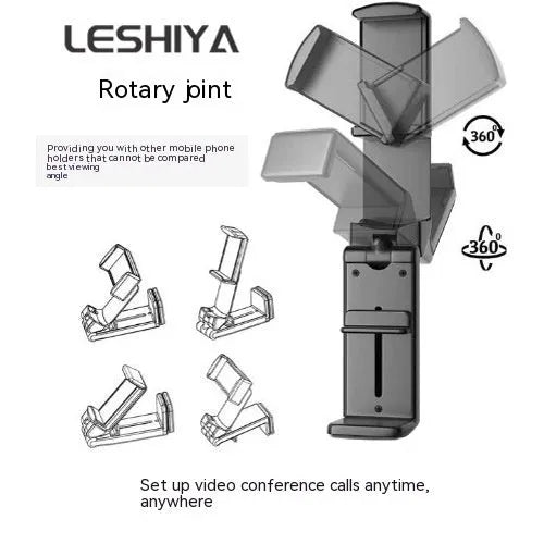 Black foldable rotating phone holder showing adjustable angles on a desk