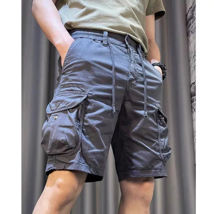 Korean-style loose straight overalls trousers with multiple pockets in micro-elastic polyester fabric